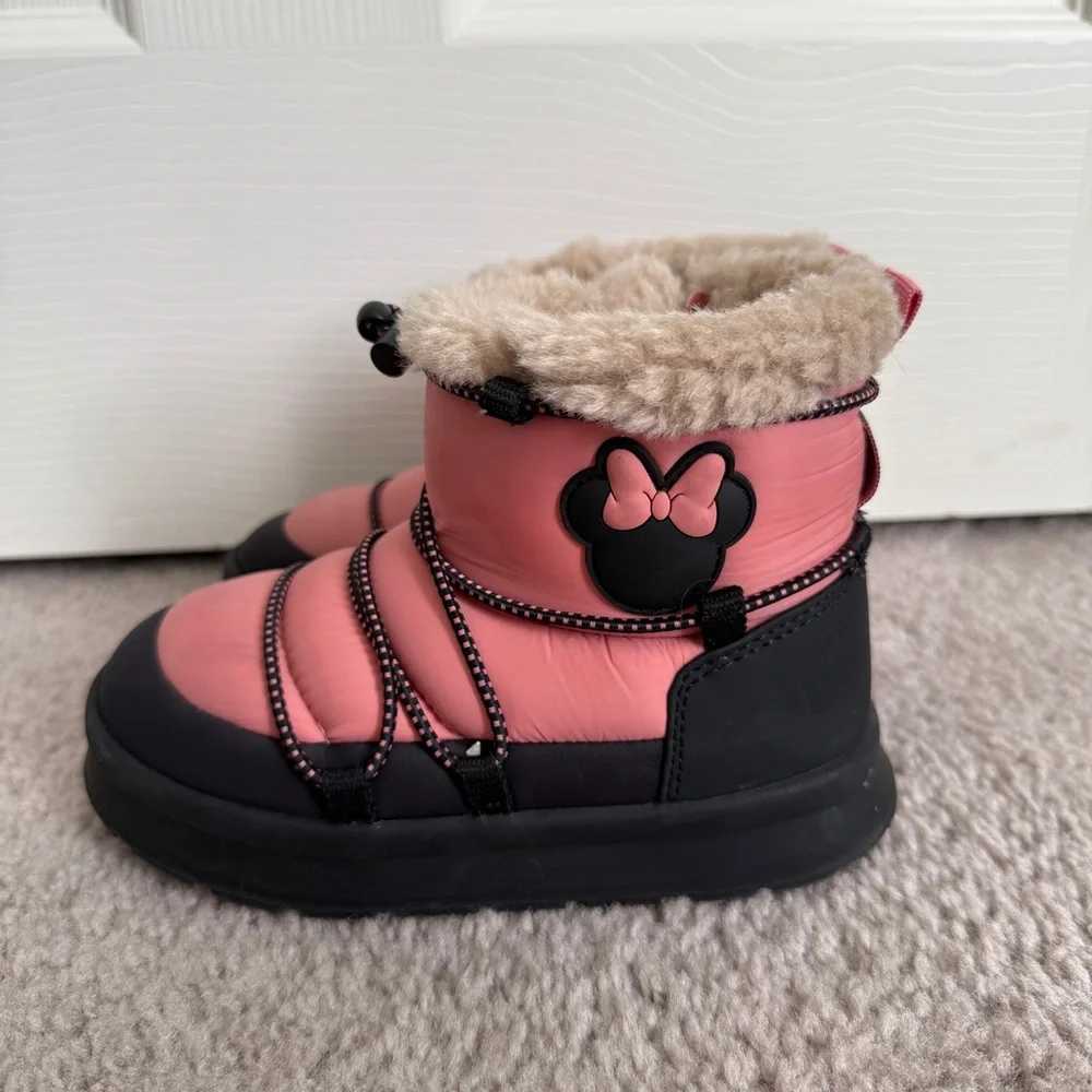 ZARA GIRLS Mickey Mouse  Disney quilted snow boots black pink warm size 10.5